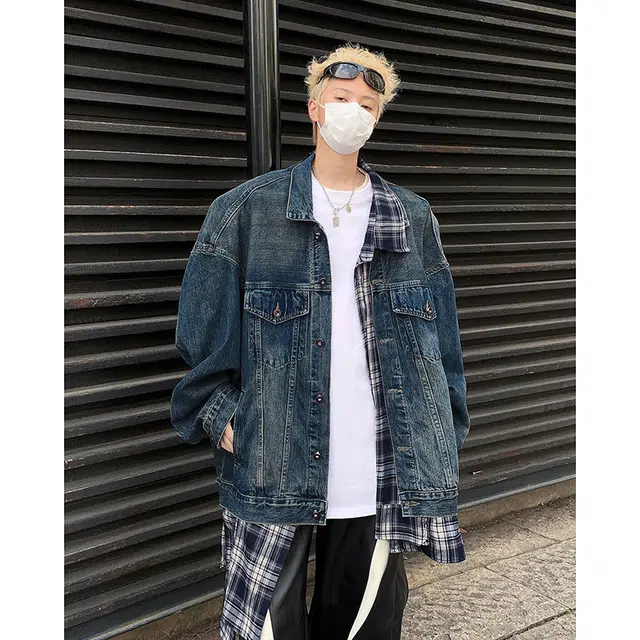 木林森 假两件美式高街复古拼接高级感混搭叠穿黑白格夹克时尚潮流百搭宽松休闲牛仔外套 男女同款