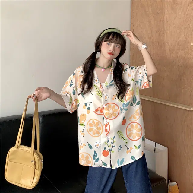 木林森 夏威夷沙滩度假风水果满印短袖衬衫 男女同款 米色