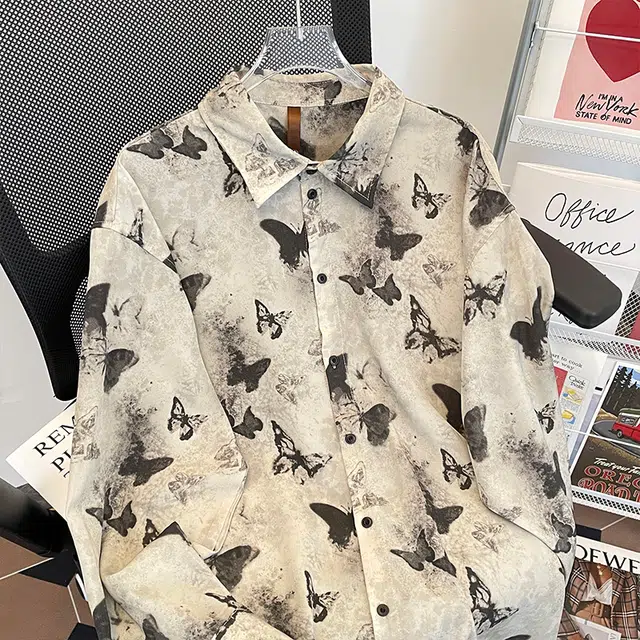 木林森 美式流苏蝴蝶设计感翻领高街时尚潮流百搭宽松简约休闲长袖衬衫 男女同款