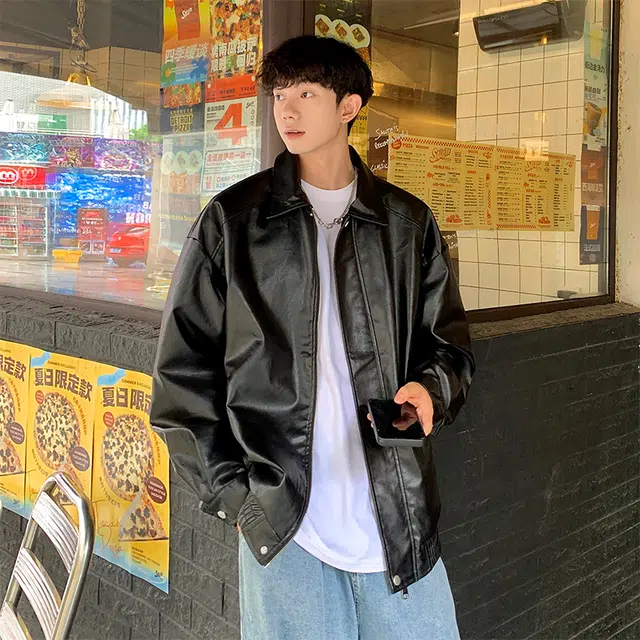 木林森 复古纯色高街潮牌重磅防水翻领落肩宽松保暖百搭休闲飞行员教练皮衣 男女同款