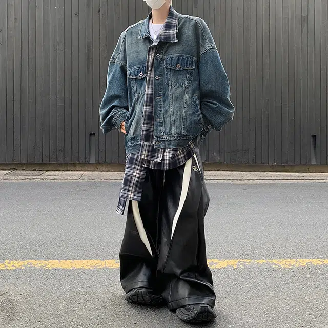 木林森 假两件美式高街复古拼接高级感混搭叠穿黑白格夹克时尚潮流百搭宽松休闲牛仔外套 男女同款