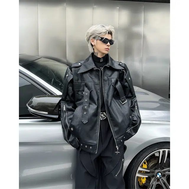 木林森 美式高街复古机车服夹克结构设计感潮牌小众高级感短款皮衣 男女同款