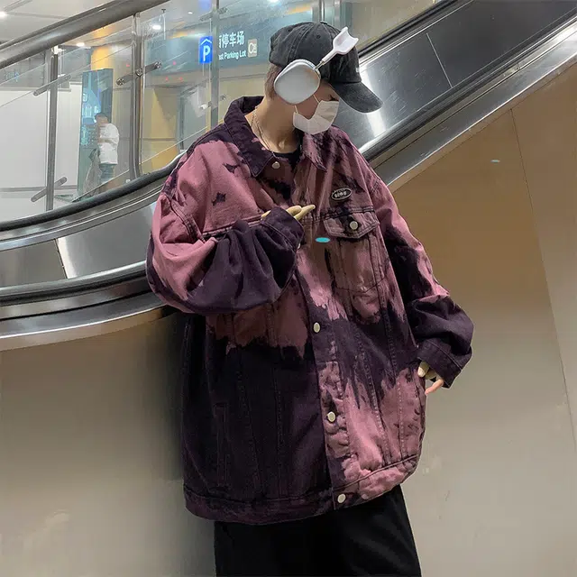 木林森 美式复古扎染小众设计潮牌高街痞帅翻领宽松休闲牛仔外套 男女同款