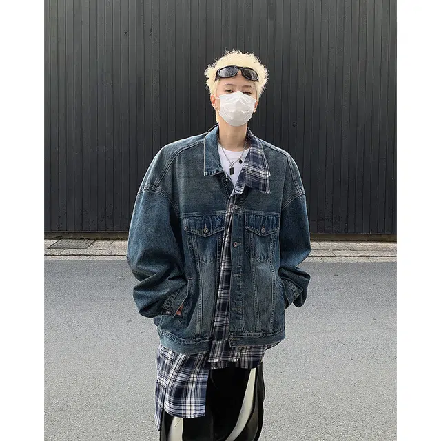 木林森 假两件美式高街复古拼接高级感混搭叠穿黑白格夹克时尚潮流百搭宽松休闲牛仔外套 男女同款