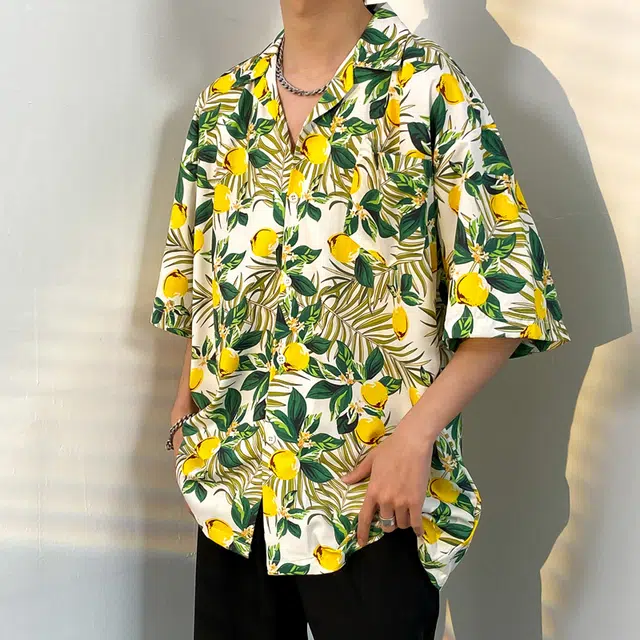 木林森 夏威夷度假风植物花卉满印宽松短袖衬衫 男女同款 白色