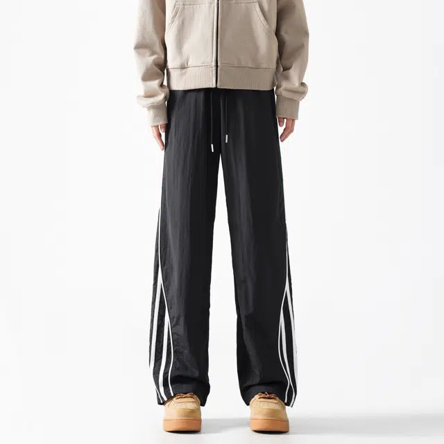 木林森 美式高街阔腿时尚潮流设计感宽松直筒条纹简约速干裤嘻哈街头日常户外通勤个性痞帅系带抽绳百搭休闲裤 男女同款