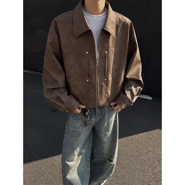 木林森 美式高街风重磅潮牌机车风宽松复古翻领无性别主义皮衣 男女同款