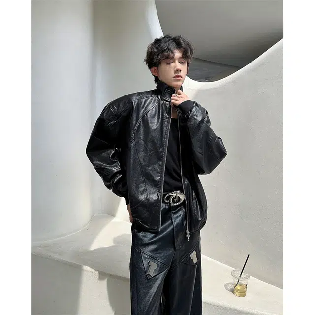 木林森 美式复古夹棉加厚机车服拼接结构设计款小众高级感痞帅短款宽松外套皮衣 男女同款