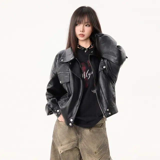 木林森 美式复古高街潮流简约短款拼接时尚设计款品牌外套宽松休闲百搭痞帅风夹克皮衣 男女同款