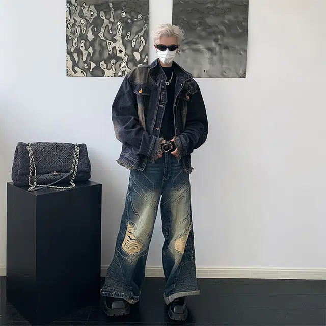 木林森 美式复古做旧高级设计感洗水小众短款痞帅潮流毛边垫肩立领宽松休闲牛仔外套 男女同款