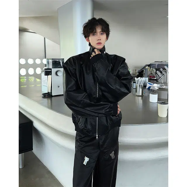 木林森 美式复古夹棉加厚机车服拼接结构设计款小众高级感痞帅短款宽松外套皮衣 男女同款