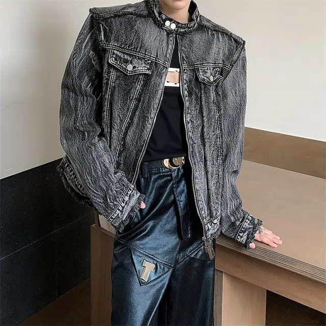 木林森 美式高街扎染复古个性高级感垫肩水洗做旧短款立领夹克时尚毛边设计牛仔外套 男女同款