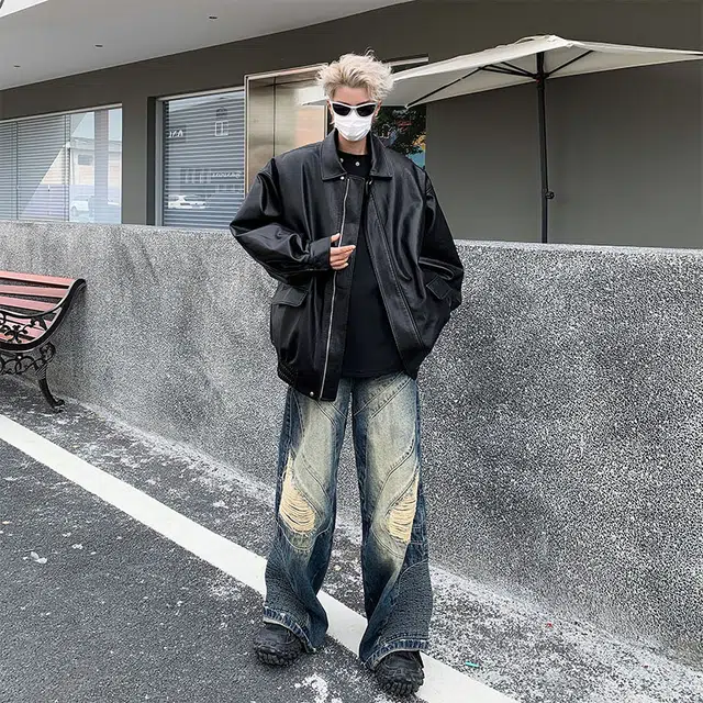 木林森 美式高街复古美拉德夹克机车潮牌结构设计款时尚百搭潮流宽松休闲皮衣 男女同款