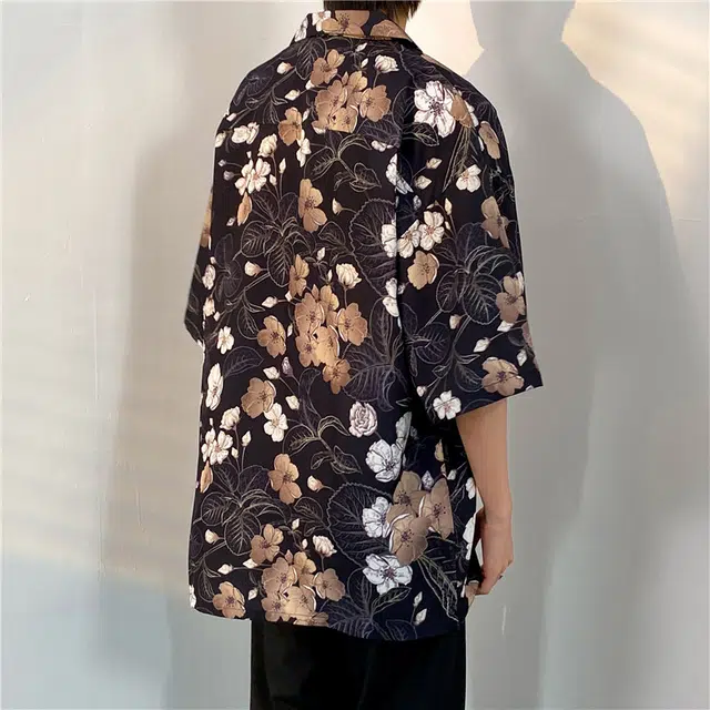 木林森 植物花卉满印宽松休闲翻领纽扣短袖衬衫 男女同款 黑色