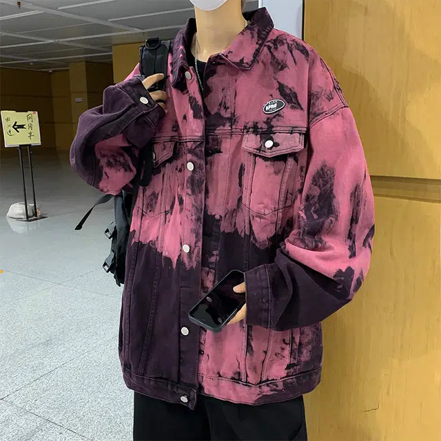 木林森 美式复古扎染小众设计潮牌高街痞帅翻领宽松休闲牛仔外套 男女同款