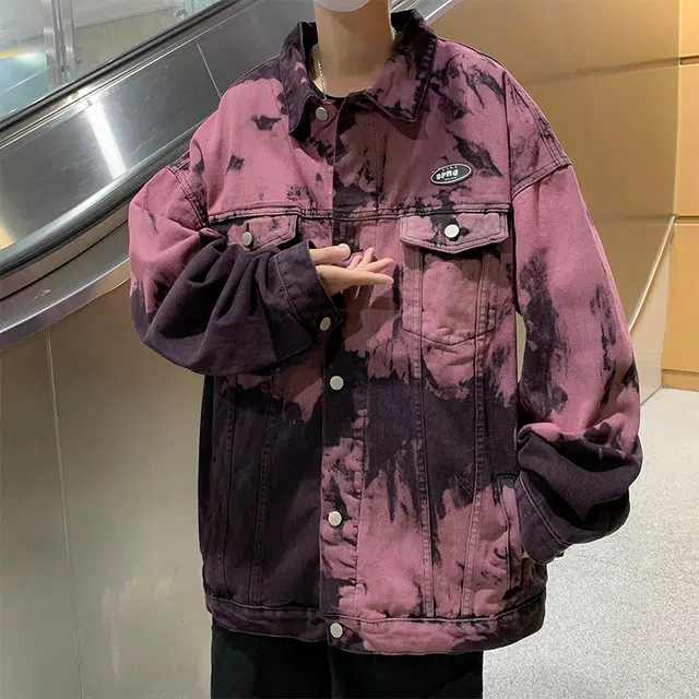 木林森 美式复古扎染小众设计潮牌高街痞帅翻领宽松休闲牛仔外套 男女同款