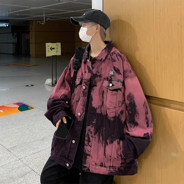 木林森 美式复古扎染小众设计潮牌高街痞帅翻领宽松休闲牛仔外套 男女同款