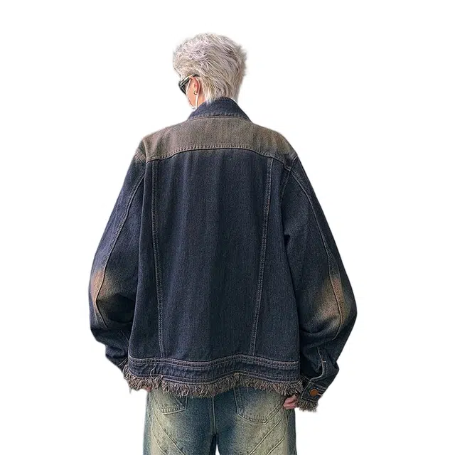 木林森 美式复古做旧高级设计感洗水小众短款痞帅潮流毛边垫肩立领宽松休闲牛仔外套 男女同款