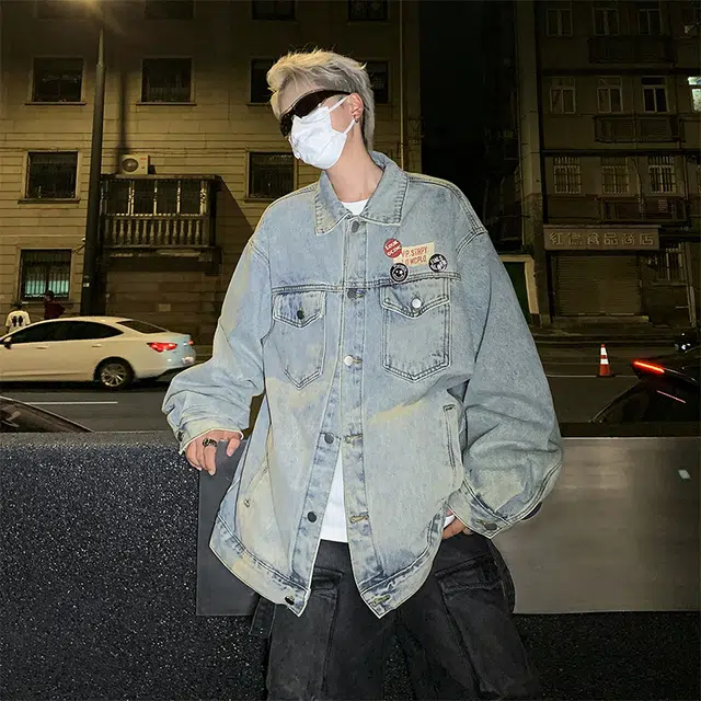 木林森 美式街头国潮复古高级感徽章宽松工装牛仔外套 男女同款