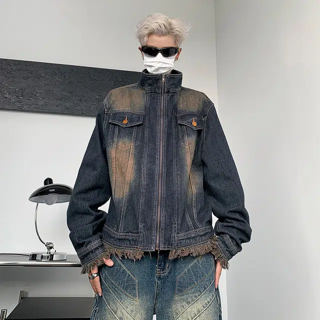 木林森 美式复古做旧高级设计感洗水小众短款痞帅潮流毛边垫肩立领宽松休闲牛仔外套 男女同款