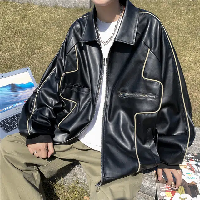 木林森 美式高街潮牌复古机车外套飞行员夹克街头宽松翻领休闲皮衣 男女同款