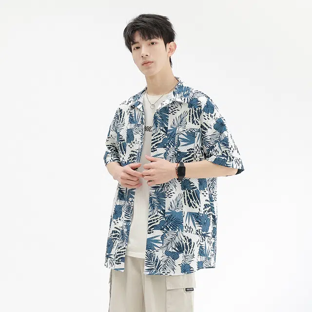 木林森 夏威夷度假风花卉满印宽松短袖衬衫 男女同款 蓝色