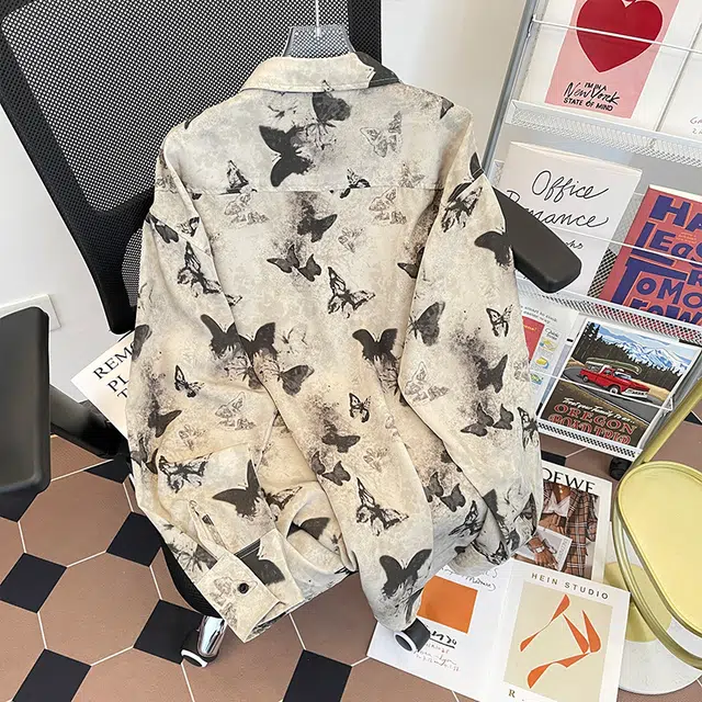 木林森 美式流苏蝴蝶设计感翻领高街时尚潮流百搭宽松简约休闲长袖衬衫 男女同款