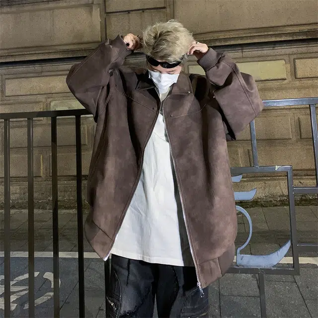 木林森 美式复古高街潮牌麂皮绒翻领外套男美拉德高级感休闲简约情侣夹克皮衣 男女同款