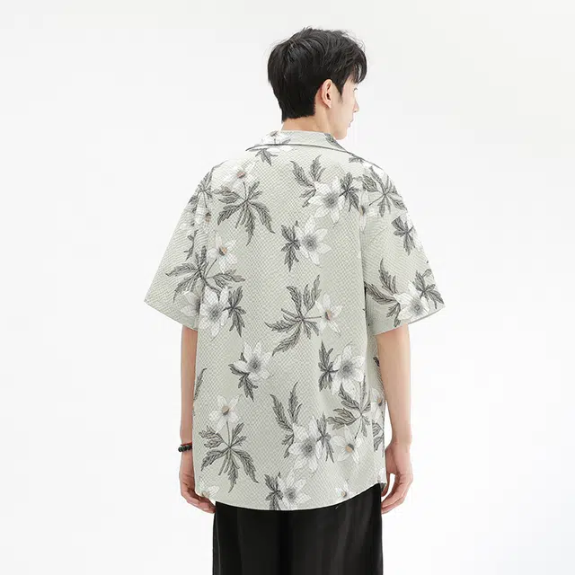 木林森 风花卉满印夏日沙滩度假风短袖衬衫 男女同款 绿色