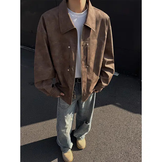 木林森 美式高街风重磅潮牌机车风宽松复古翻领无性别主义皮衣 男女同款