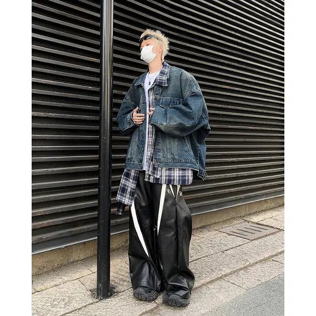 木林森 假两件美式高街复古拼接高级感混搭叠穿黑白格夹克时尚潮流百搭宽松休闲牛仔外套 男女同款