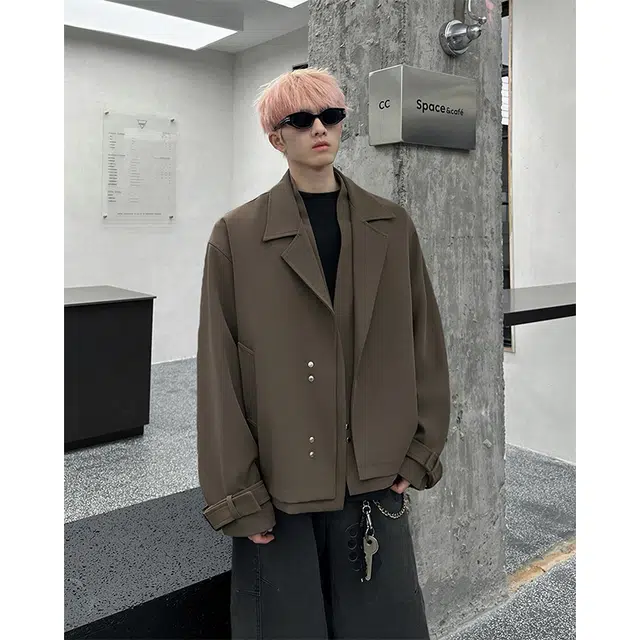 木林森 高街潮牌美式翻领宽松假两件机能休闲纯色防风夹克 男女同款