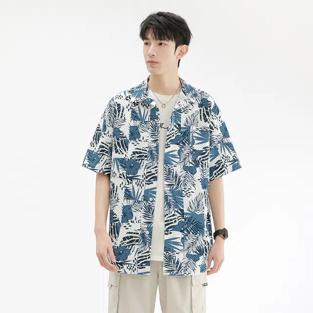 木林森 夏威夷度假风花卉满印宽松短袖衬衫 男女同款 蓝色