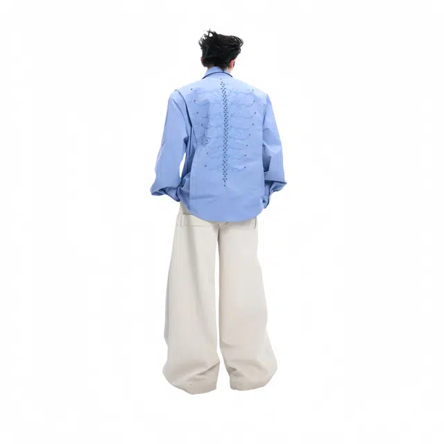 木林森 重工刺绣高级肌理感钉珠脊骨铆钉长袖翻领宽松衬衫 男女同款