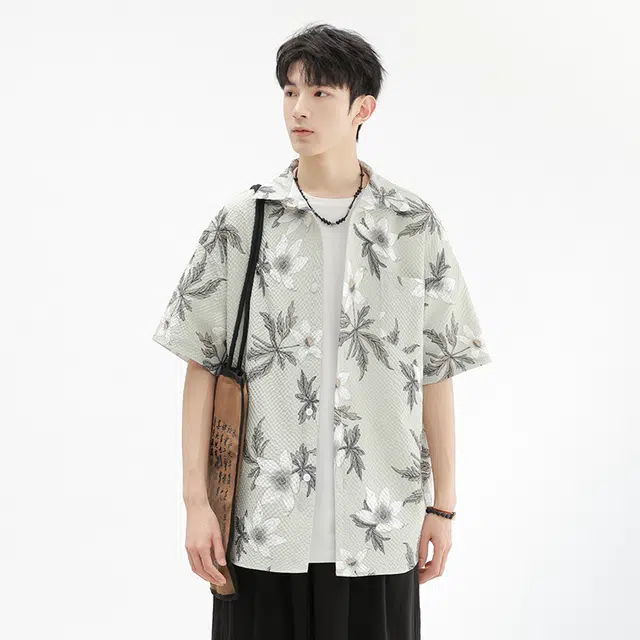 木林森 风花卉满印夏日沙滩度假风短袖衬衫 男女同款 绿色