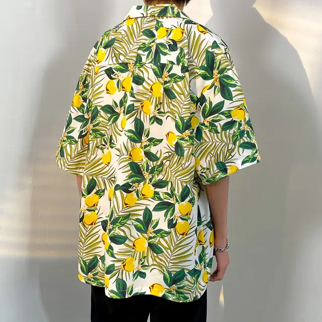 木林森 夏威夷度假风植物花卉满印宽松短袖衬衫 男女同款 白色