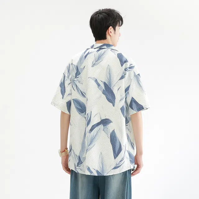 木林森 夏威夷度假风花满印百搭宽松休闲短袖衬衫 男女同款 蓝色