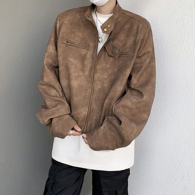 木林森 美式高街潮牌复古做旧机车服外套小众设计感短款垫肩时尚百搭潮流休闲夹克衫皮衣 男女同款