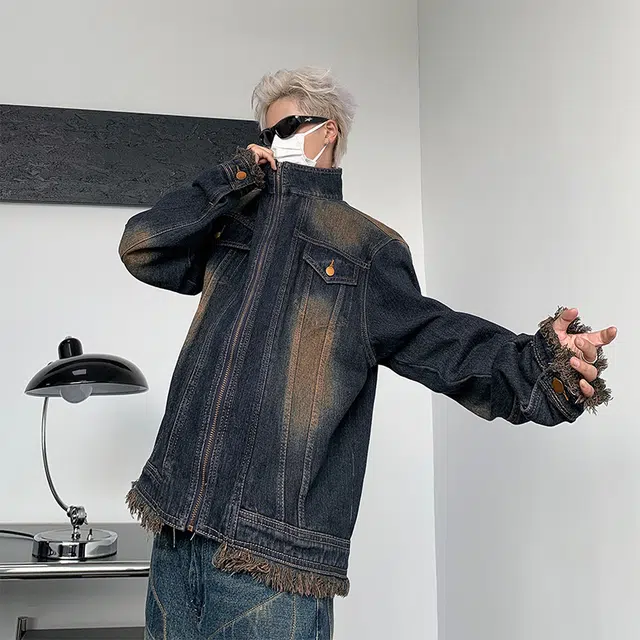 木林森 美式复古做旧高级设计感洗水小众短款痞帅潮流毛边垫肩立领宽松休闲牛仔外套 男女同款