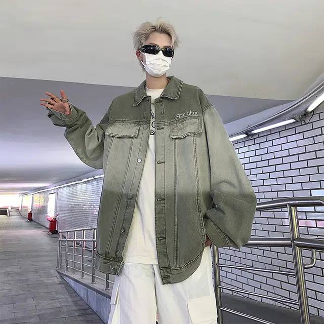 木林森 美式复古扎染小众设计潮牌高街痞帅翻领宽松休闲牛仔外套 男女同款