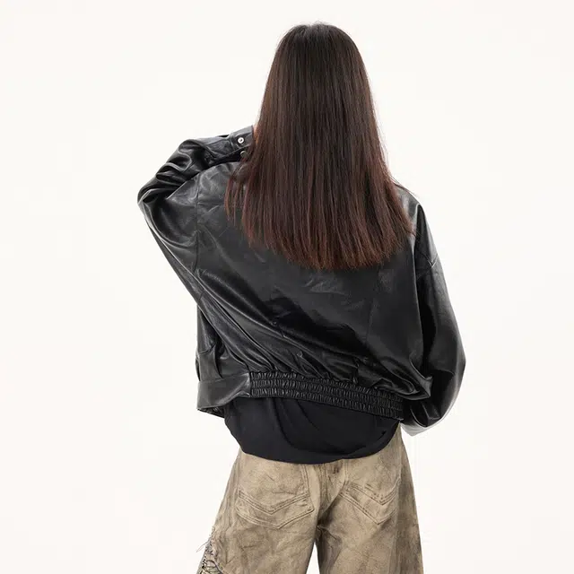 木林森 美式复古高街潮流简约短款拼接时尚设计款品牌外套宽松休闲百搭痞帅风夹克皮衣 男女同款