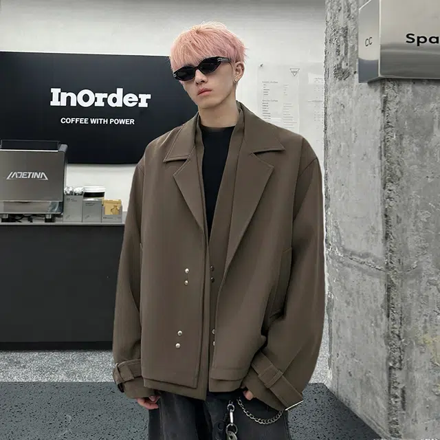 木林森 高街潮牌美式翻领宽松假两件机能休闲纯色防风夹克 男女同款