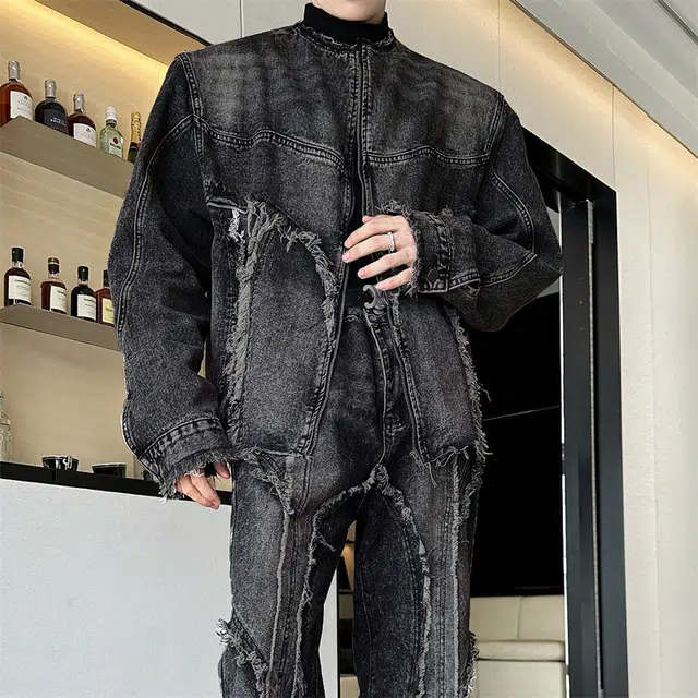 木林森 美式高街重磅复古做旧结构设计感潮牌小众水洗重工毛边夹克男痞帅宽松牛仔外套 男女同款