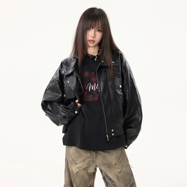 木林森 美式复古高街潮流简约短款拼接时尚设计款品牌外套宽松休闲百搭痞帅风夹克皮衣 男女同款