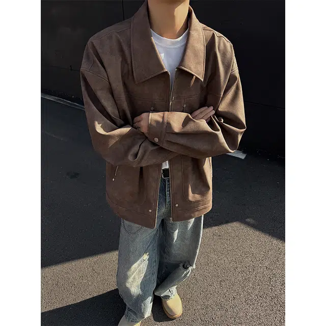 木林森 美式高街风重磅潮牌机车风宽松复古翻领无性别主义皮衣 男女同款