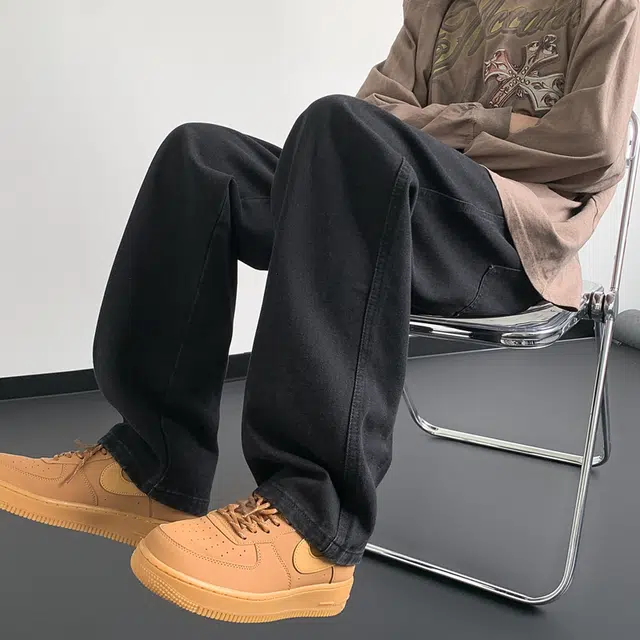 木林森 美式复古水洗纯色基础款百搭宽松显高中腰系带休闲直筒牛仔裤 男女同款