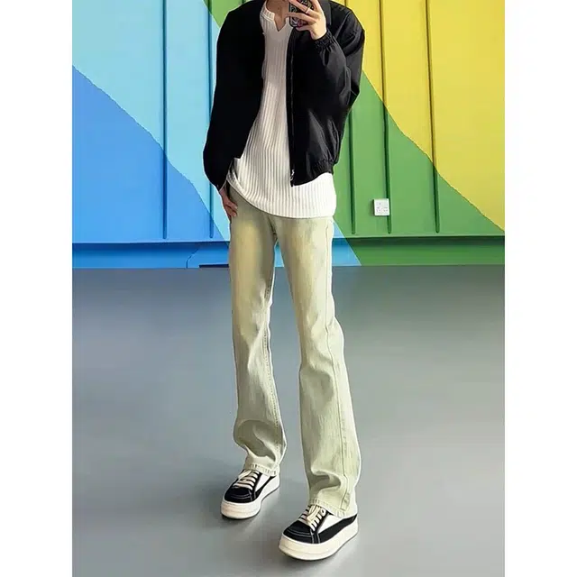 木林森 美式复古百搭简约柔感不硬舒适亲肤潮流微弹高街时尚中腰微喇通勤休闲百搭黄泥染水洗牛仔裤 男女同款