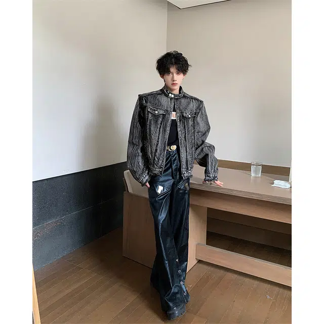 木林森 美式高街扎染复古个性高级感垫肩水洗做旧短款立领夹克时尚毛边设计牛仔外套 男女同款