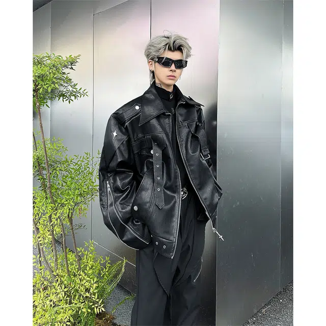 木林森 美式高街复古机车服夹克结构设计感潮牌小众高级感短款皮衣 男女同款