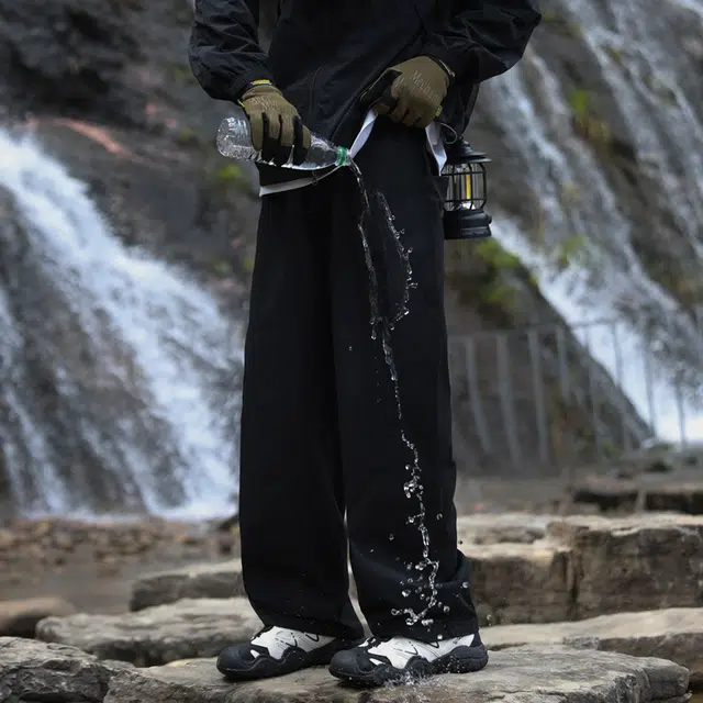 木林森 美式高街基础款纯色品牌简约卫裤褶皱设计感宽松阔腿直筒显高垂感百搭伐木裤拖地运动休闲裤 男女同款